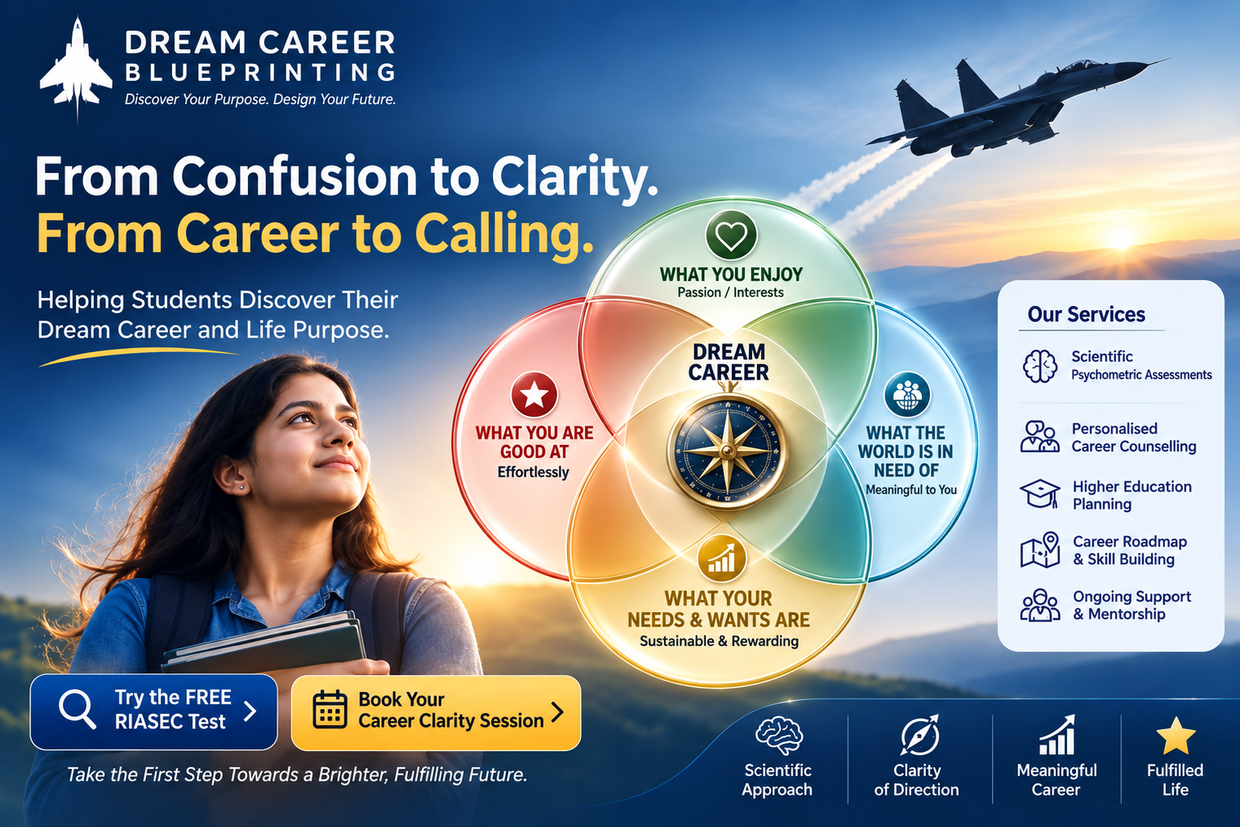 A student looking up at a MiG jet climbing into a sunrise, beside the DreamCareerZ four-circle Ikigai model with a compass at its centre marked Dream Career